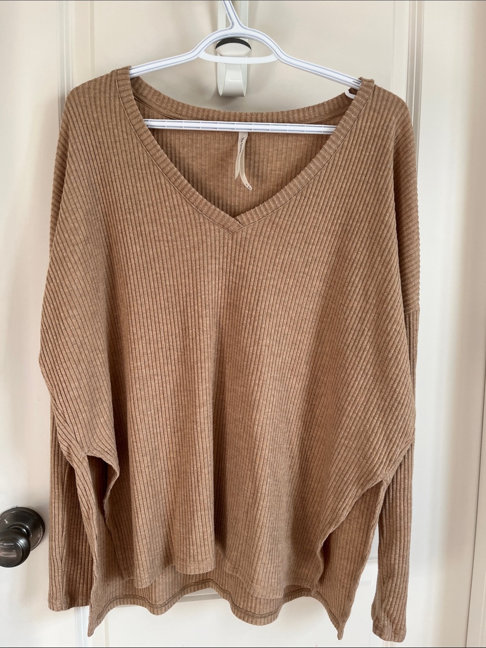 The Group Babaton Ribbed V-Neck Sweater in Camel Brown